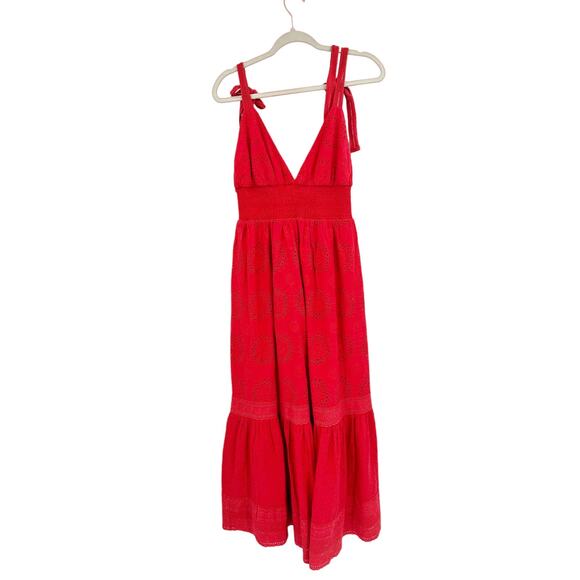 Alice + Olivia Bright Poppy Red Levine Eyelet Tie Strap Midi Dress Size 6 - Picture 6 of 6